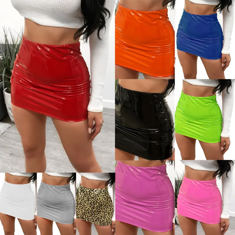 Women Bright PU Leather A-Line Skirt Miniskirt