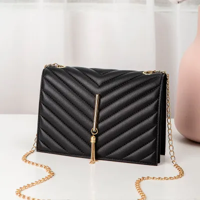 Women Fashion Tassel Decorative Pleated Flap PU Crossbody Bag