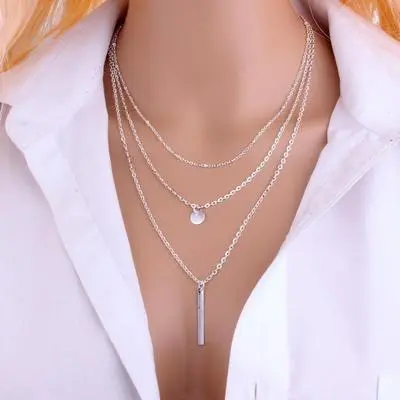 Women's Fashion Simple Geometric Water Wave Chain Multilayer Necklace with Copper Beads and Metal Bar