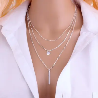 Women's Fashion Simple Geometric Water Wave Chain Multilayer Necklace with Copper Beads and Metal Bar