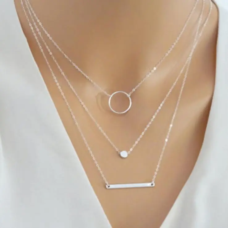Women Fashion Simple Multi-Element Geometric Metal Rod Necklace with Water Wave Chain