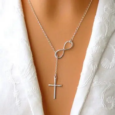 Women Fashion Silver Color Infinite Cross Pendant Link Chain Necklace