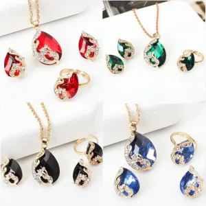 Women Fashion Peacock Alloy Inlaid Crystal 3 Piece Necklace
