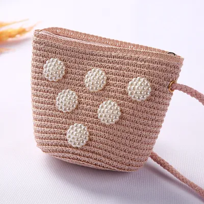 Kids Girls Fashion Straw Textile Bucket Light Crossbody Bag