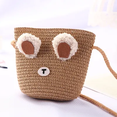 Kids Girls Fashion Straw Textile Bucket Light Crossbody Bag