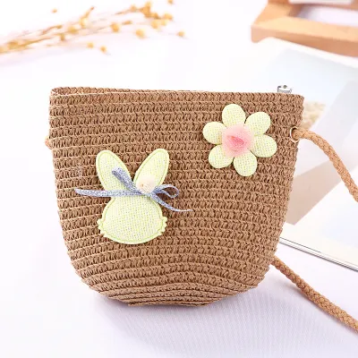 Kids Girls Fashion Straw Textile Bucket Light Crossbody Bag