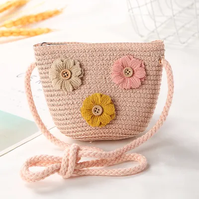 Kids Girls Fashion Straw Textile Bucket Light Crossbody Bag