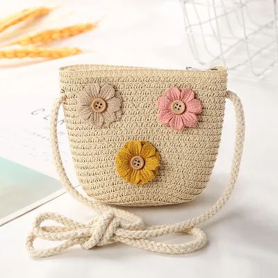 Kids Girls Fashion Straw Textile Bucket Light Crossbody Bag