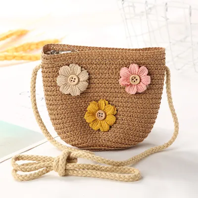 Kids Girls Fashion Straw Textile Bucket Light Crossbody Bag