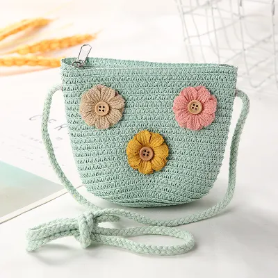 Kids Girls Fashion Straw Textile Bucket Light Crossbody Bag