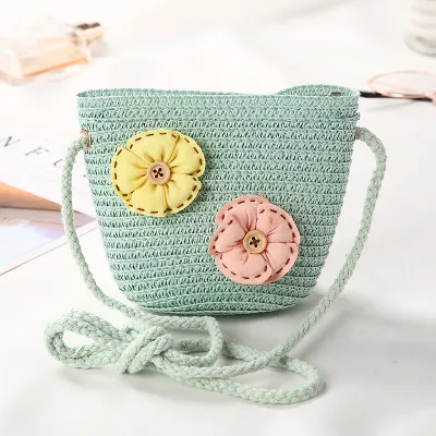 Kids Girls Fashion Straw Textile Bucket Light Crossbody Bag