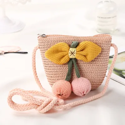 Kids Girls Fashion Straw Textile Bucket Light Crossbody Bag
