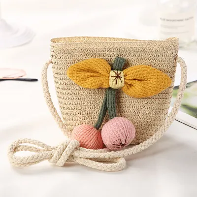 Kids Girls Fashion Straw Textile Bucket Light Crossbody Bag