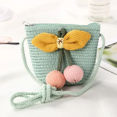 Kids Girls Fashion Straw Textile Bucket Light Crossbody Bag