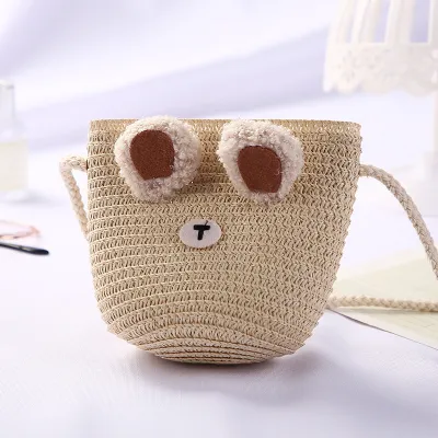 Kids Girls Fashion Straw Textile Bucket Light Crossbody Bag
