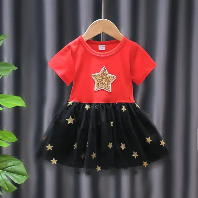 Kids Girls Cute Round Neck Short Sleeve Sequin Star Pattern Mesh Spliced Dress