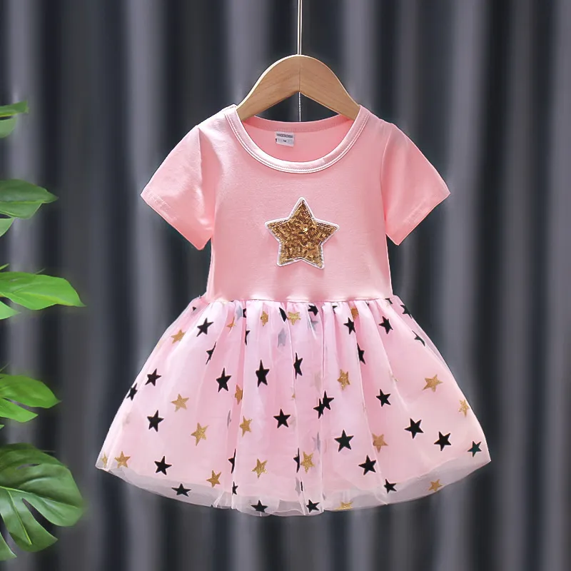 Kids Girls Cute Round Neck Short Sleeve Sequin Star Pattern Mesh Spliced Dress