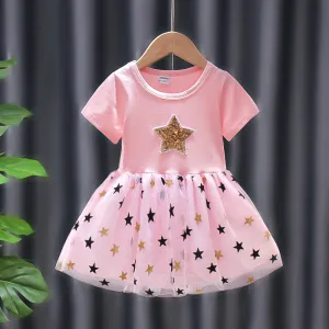 Kids Girls Cute Round Neck Short Sleeve Sequin Star Pattern Mesh Spliced Dress