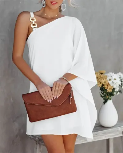 Women Elegant Vintage Summer Cool One Shoulder Bat Sleeve Dress