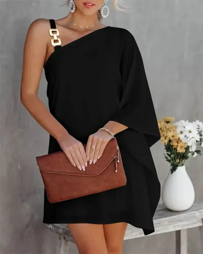 Women Elegant Vintage Summer Cool One Shoulder Bat Sleeve Dress