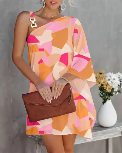 Women Elegant Vintage Summer Cool One Shoulder Bat Sleeve Dress