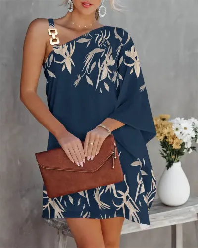 Women Elegant Vintage Summer Cool One Shoulder Bat Sleeve Dress