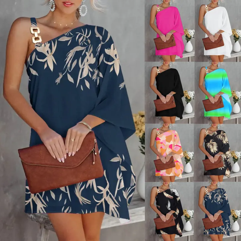 Women Elegant Vintage Summer Cool One Shoulder Bat Sleeve Dress