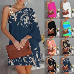 Women Elegant Vintage Summer Cool One Shoulder Bat Sleeve Dress