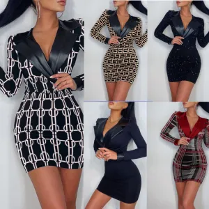 Women Elegant Long-Sleeved V Neck PU Leather Patchwork Bodycon Dress