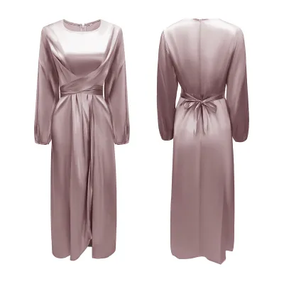 Women Elegant Basic Long Sleeves Solid Color Satin Maxi Dress