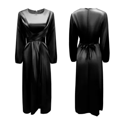 Women Elegant Basic Long Sleeves Solid Color Satin Maxi Dress
