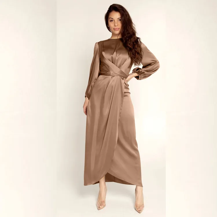 Women Elegant Basic Long Sleeves Solid Color Satin Maxi Dress