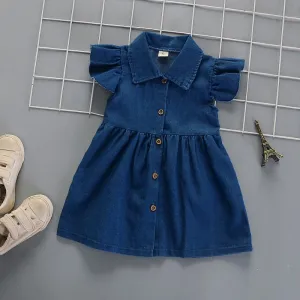 Baby Girls Basic Solid Color Lapel Ruffled Single-breasted Denim Princess Dress
