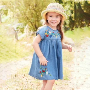 Girls Cute Round Neck Short Sleeve Fruit Embroidered Denim Dress Baby Kids