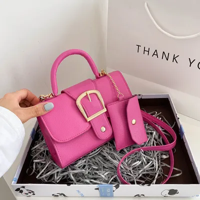 2 In 1 Women Fashion Flap Buckle Design Solid Color PU Crossbody Bag Small Square Soft