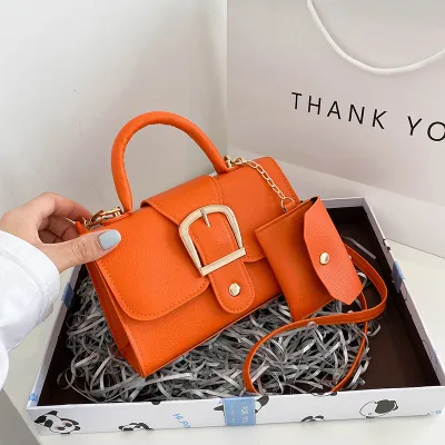 2 In 1 Women Fashion Flap Buckle Design Solid Color PU Crossbody Bag