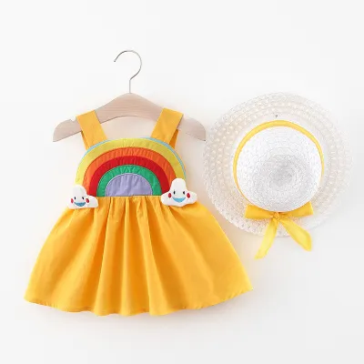 Baby Girls Sleeveless Sling Dress with Rainbow Hat