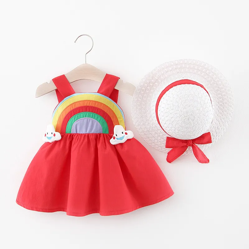 Baby Girls Sleeveless Sling Dress with Rainbow Hat