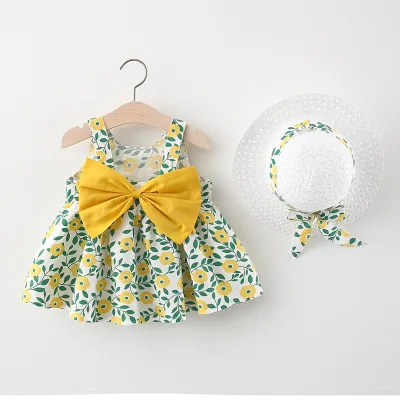 Kids Girl Floral Print Cotton Suspender Hat Dress Sleeveless Princess Style