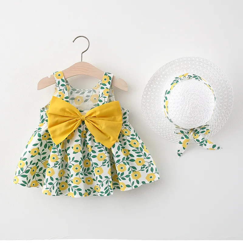 Kids Girl Floral Print Cotton Suspender Hat Dress Sleeveless Princess Style