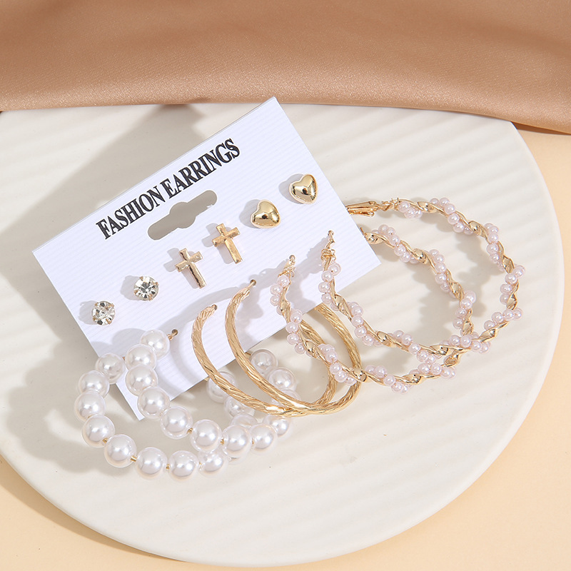 Wholesale Women Fashion Retro Gold Inlaid Pearl Cross Earring Set 
