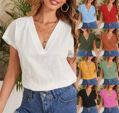 Women Casual Summer Solid Color Loose Short-Sleeved V Neck Short-sleeved Blouse