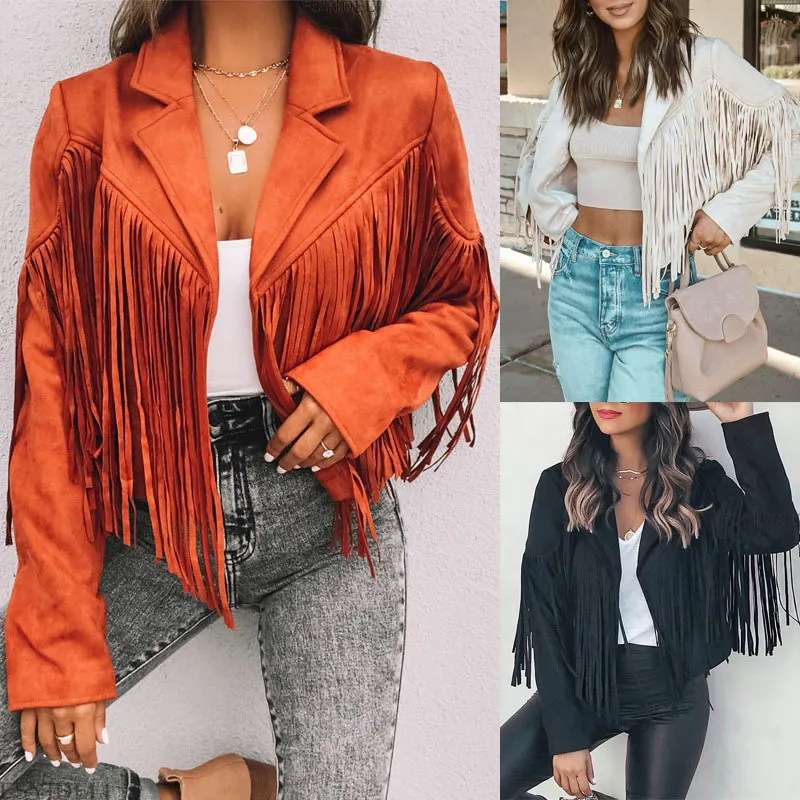 Women Edgy Lapel Tassel PU Leather Jacket