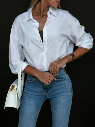 Women Casual Summer Loose Fit Solid Color Long Sleeve V-Neck Lapel Blouse