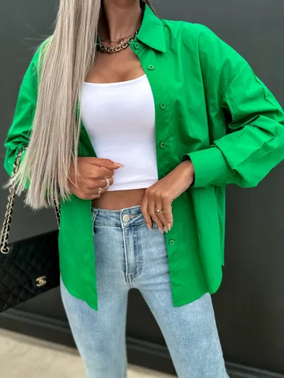 Women Casual Summer Loose Fit Solid Color Long Sleeve V-Neck Lapel Blouse