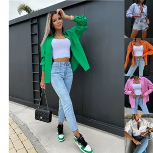 Women Casual Summer Loose Fit Solid Color Long Sleeve V-Neck Lapel Blouse