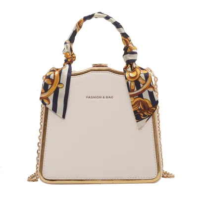 Women Fashion Silk Scarf Decorative Buckle Design PU Square Crossbody Bag