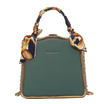 Women Fashion Silk Scarf Decorative Buckle Design PU Square Crossbody Bag