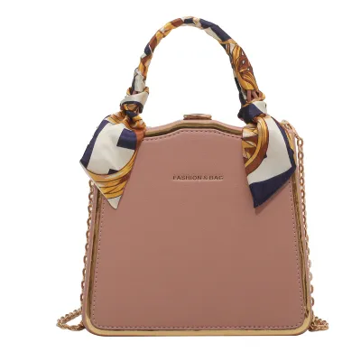 Women Fashion Silk Scarf Decorative Buckle Design PU Square Crossbody Bag