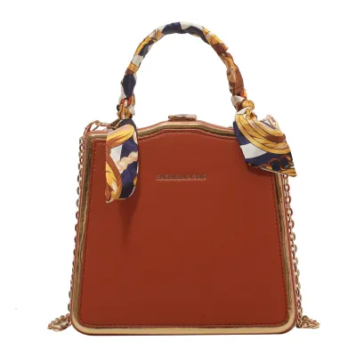 Women Fashion Silk Scarf Decorative Buckle Design PU Square Crossbody Bag